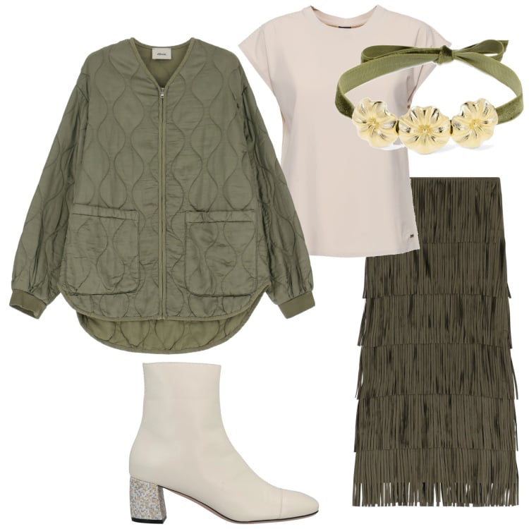 Outfit donna - Un po\' di frange. Stile Trendy per Serata fuori. Abbinamento con stivaletti, gonne lunghe, giacche, collane, t-shirt.