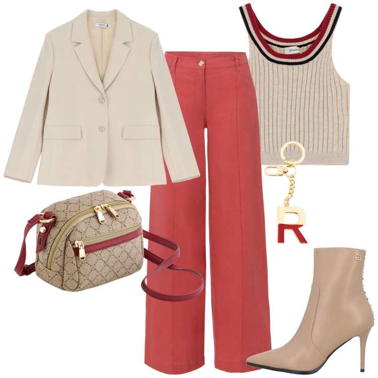 Outfit donna - City. Stile Casual chic per Tutti i giorni. Abbinamento con pantaloni a palazzo, stivaletti, blazer, top, borse a tracolla, portachiavi.