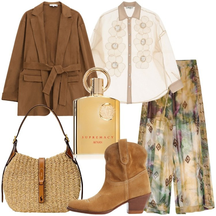Outfit donna - Auguri a tutte le donne. Stile Etnico per Tutti i giorni. Abbinamento con profumi, blazer, pantaloni a palazzo, camicie, stivaletti, borse a spalla.