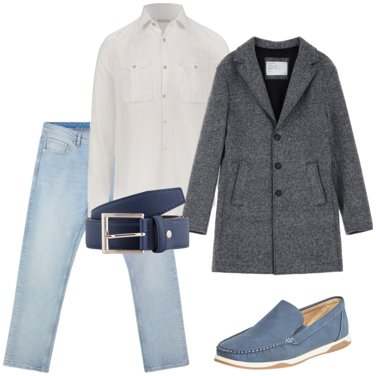 Outfit uomo - Primavera in città. Stile Casual per Tutti i giorni. Abbinamento con scarpe stringate, jeans, cappotti, camicie, cinture.