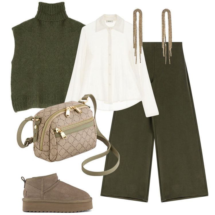 Outfit donna - City. Stile Urban per Tutti i giorni. Abbinamento con orecchini, pantaloni a palazzo, gilet, camicie, stivaletti, borse a tracolla.