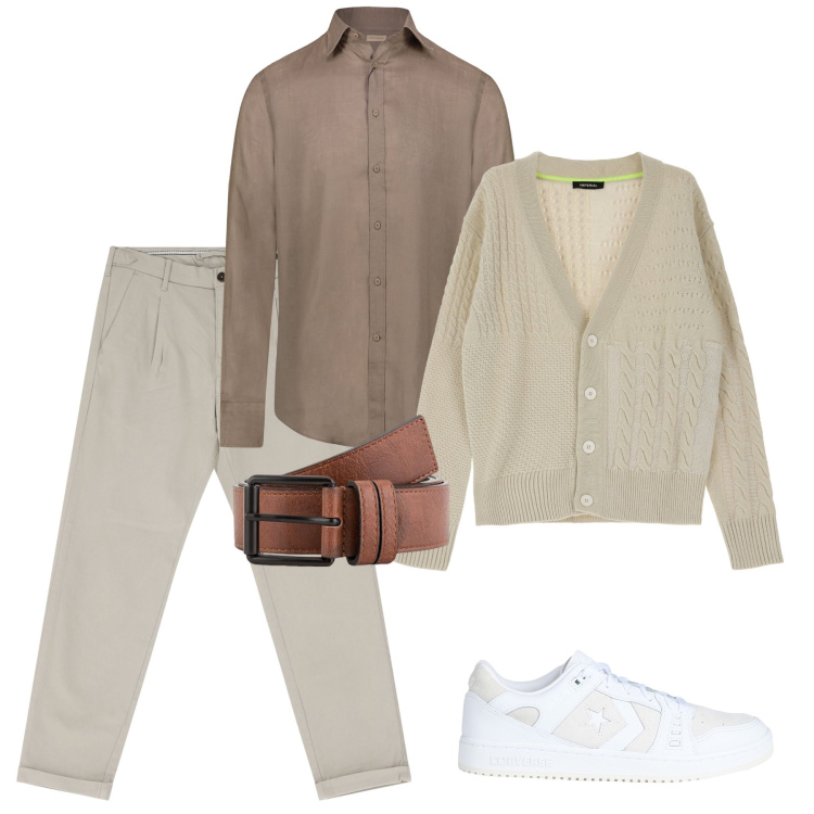 Outfit uomo - Colorí tenui. Stile Casual per Ufficio. Abbinamento con cardigans, pantaloni chino, camicie, sneakers, cinture.