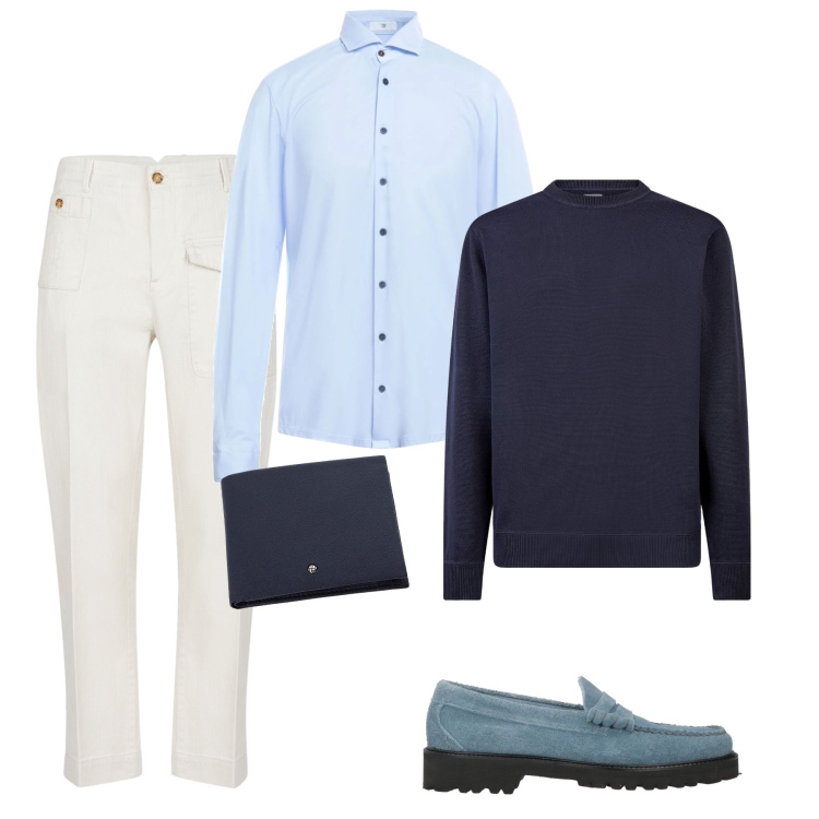 Outfit uomo - Il pantalone bianco in primavera. Stile Casual per Ufficio. Abbinamento con camicie, scarpe stringate, portafogli, maglieria, pantaloni.