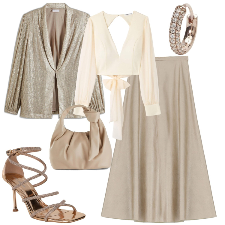Outfit donna - Total look #2075458. Stile Glamour per Serata fuori. Abbinamento con borse a mano, blazer, sandali col tacco, bluse, orecchini, gonne.