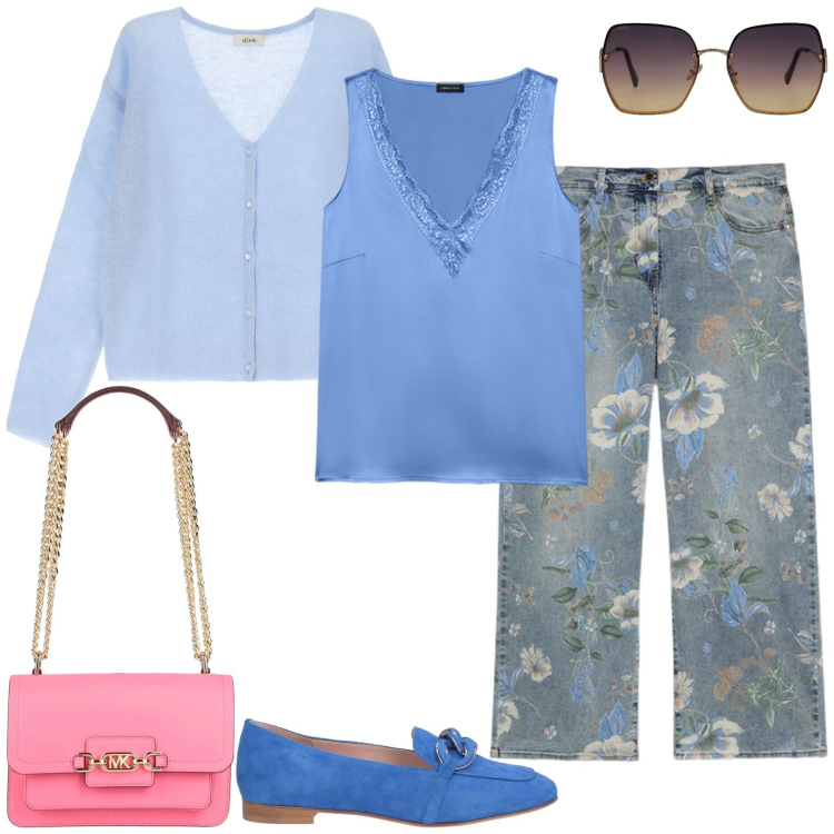 Outfit donna - Pastello Power: Azzurro Polvere. Stile Casual chic per Tutti i giorni. Abbinamento con mocassini, occhiali da sole, borse a spalla, cardigans, top, jeans dritti.