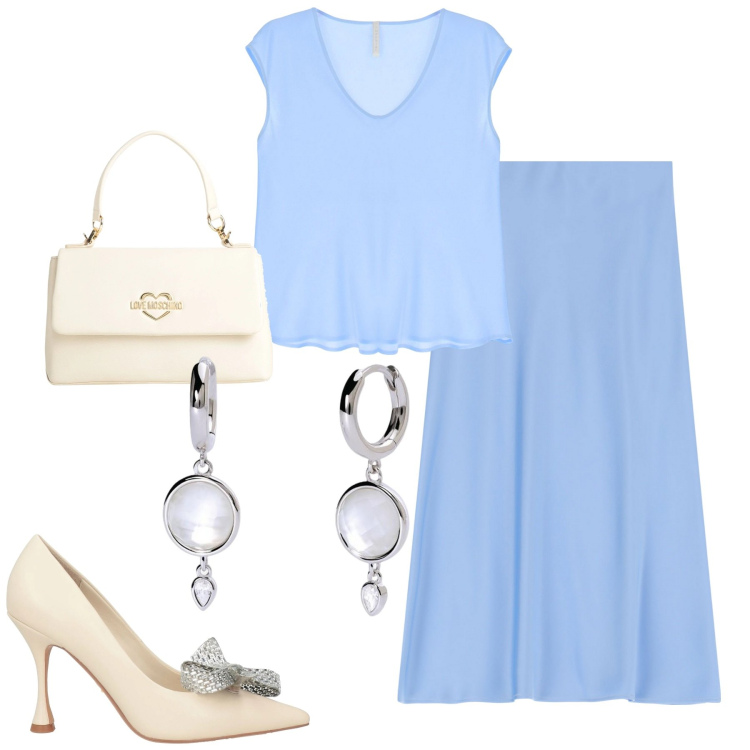 Outfit donna - Azzurro. Stile Chic per Cerimonia. Abbinamento con décolleté, borse a mano, orecchini, gonne longuette, top.