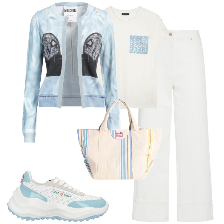 Outfit donna - City. Stile Casual chic per Tutti i giorni. Abbinamento con cardigans, sneakers, borse a mano, t-shirt, jeans.