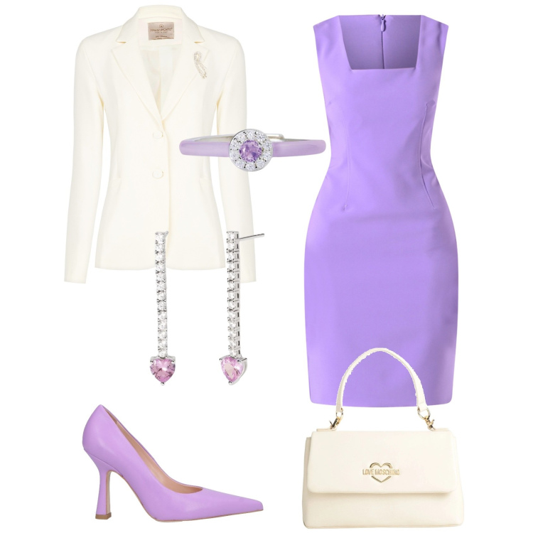 Outfit donna - Il tubino lilla. Stile Romantica per Cerimonia. Abbinamento con décolleté, borse a mano, anelli, orecchini, vestiti a tubino, blazer.