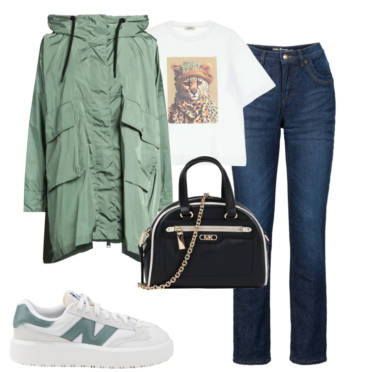 Outfit donna - Giorni di pioggia. Stile Casual chic per Tutti i giorni. Abbinamento con jeans dritti, borse a mano, sneakers, trench, t-shirt.
