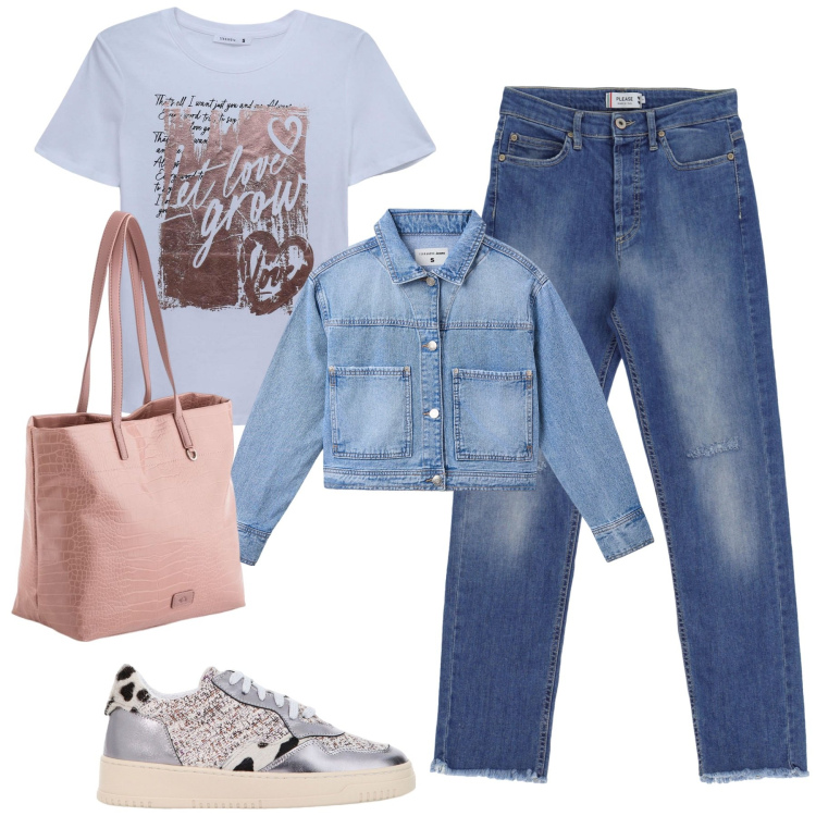 Outfit donna - Marzo. Stile Casual per Tutti i giorni. Abbinamento con t-shirt, cappotti, jeans dritti, sneakers, shopping bag.