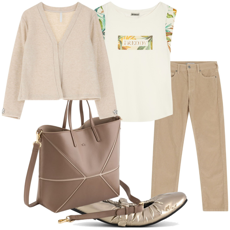 Outfit donna - Aria di primavera. Stile Basic per Tutti i giorni. Abbinamento con pantaloni, cardigans, t-shirt, ballerine, borse a mano.