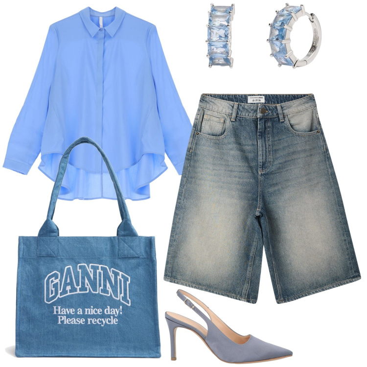 Outfit donna - Aperitivo in bermuda. Stile Glamour per Serata fuori. Abbinamento con décolleté, bermuda, orecchini, camicie, shopping bag.