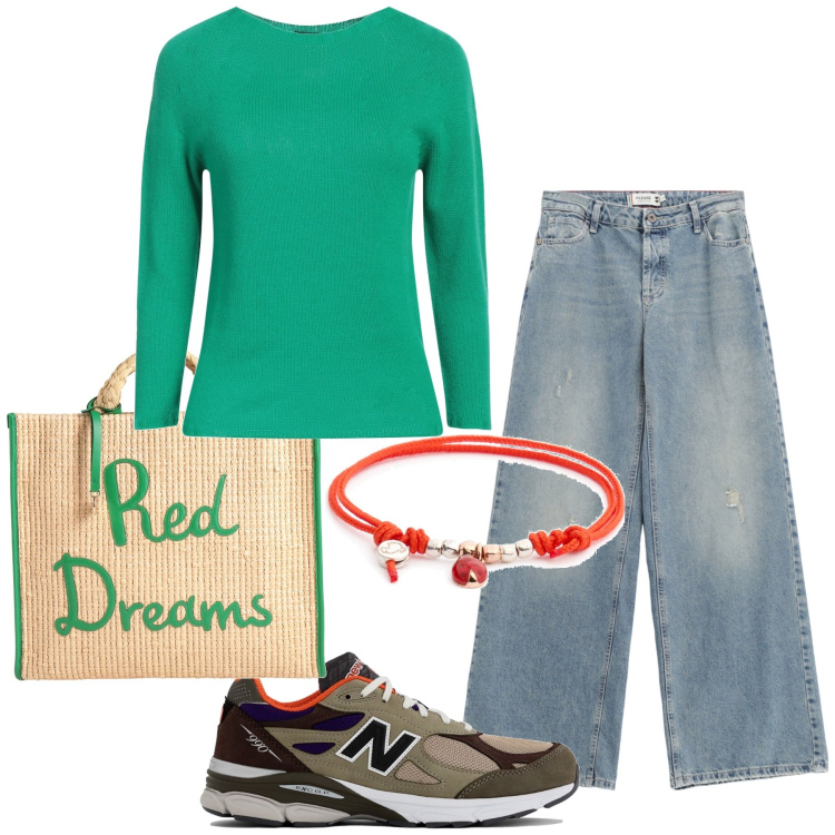 Outfit donna - Sogni rossi come il braccialetto. Stile Sporty chic per Tutti i giorni. Abbinamento con pullovers, borse a mano, sneakers, jeans, braccialetti.