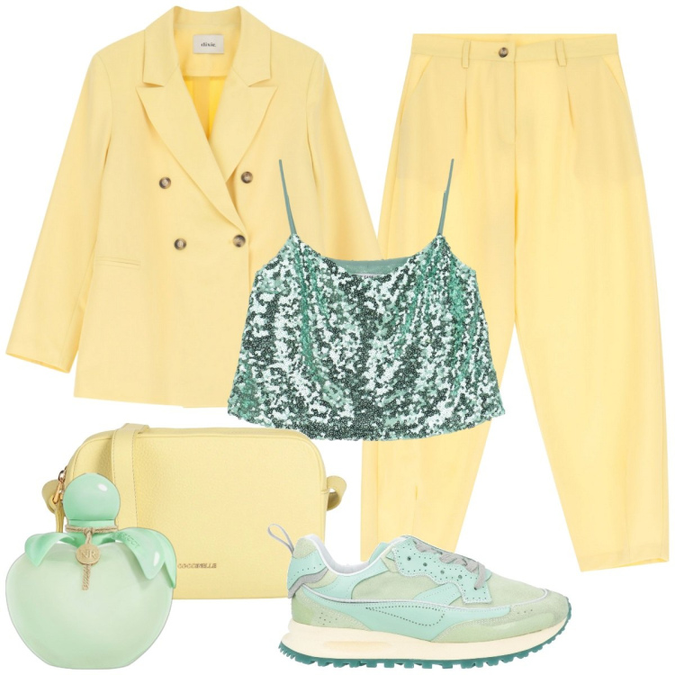 Outfit donna - Yellow pastel. Stile Casual chic per Serata fuori. Abbinamento con sneakers, borse a tracolla, profumi, top, pantaloni, blazer.