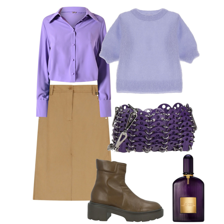 Outfit donna - Total look #2075503. Stile Bon Ton per Tutti i giorni. Abbinamento con borse a tracolla, stivaletti, profumi, camicie, maglieria, gonne longuette.