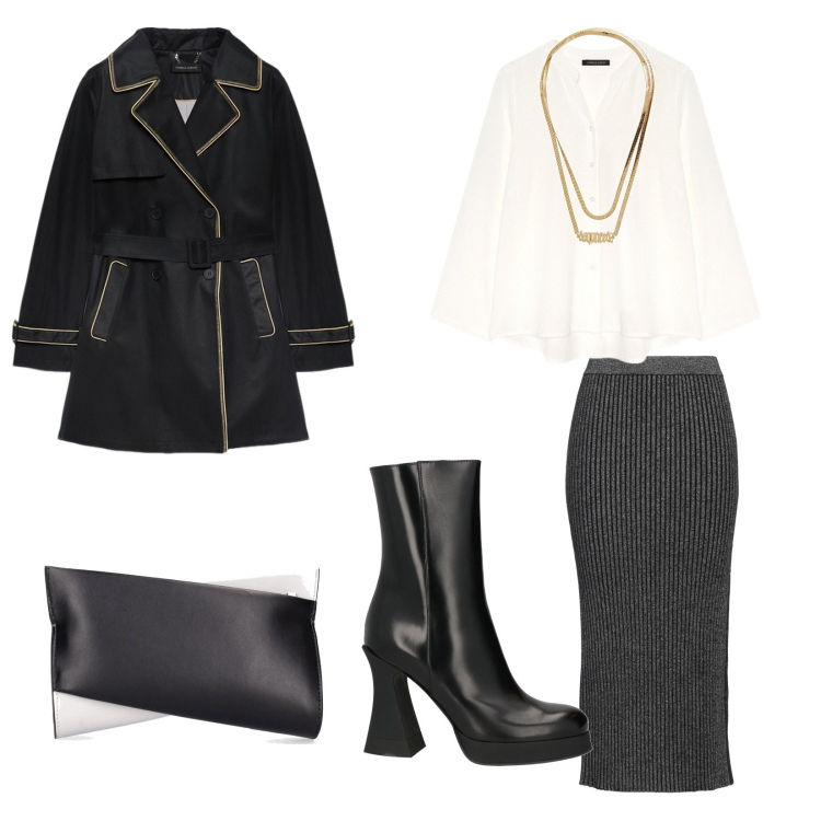 Outfit donna - Si va a pranzo fuori. per Ufficio. Abbinamento con collane, gonne longuette, stivaletti, trench, camicie, pochette.