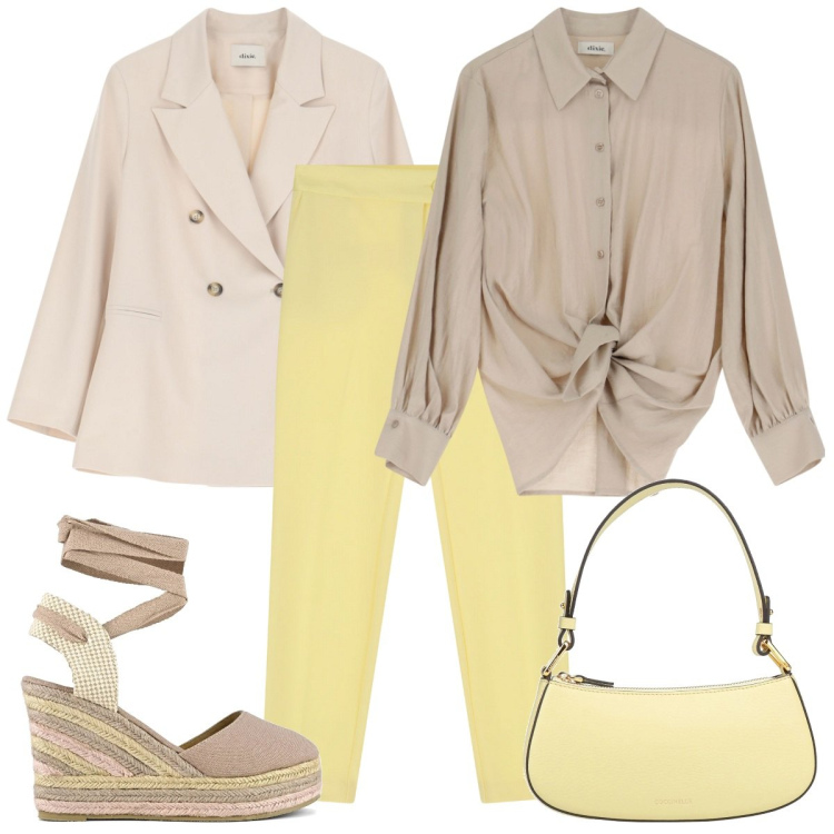 Outfit donna - Yellow&beige pastel. Stile Casual chic per Serata fuori. Abbinamento con borse a mano, pantaloni, blazer, camicie, espadrillas.