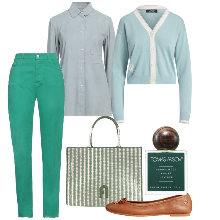 Outfit donna - Pastel Power. Stile Bon Ton per Ufficio. Abbinamento con pantaloni, borse a mano, camicie, profumi, ballerine, cardigans.