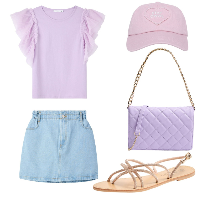 Outfit donna - Total look #2075519. Stile Basic per Tutti i giorni. Abbinamento con t-shirt, sandali, cappelli, minigonne, borse a tracolla.