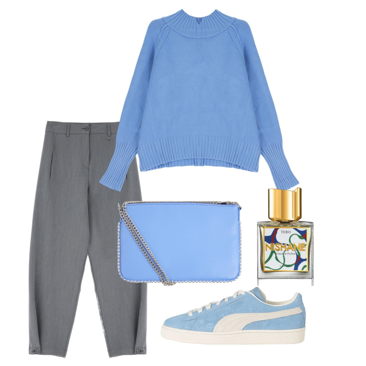 Outfit donna - Pastel Power. Stile Basic per Tutti i giorni. Abbinamento con sneakers, profumi, borse a tracolla, pantaloni, maglieria.