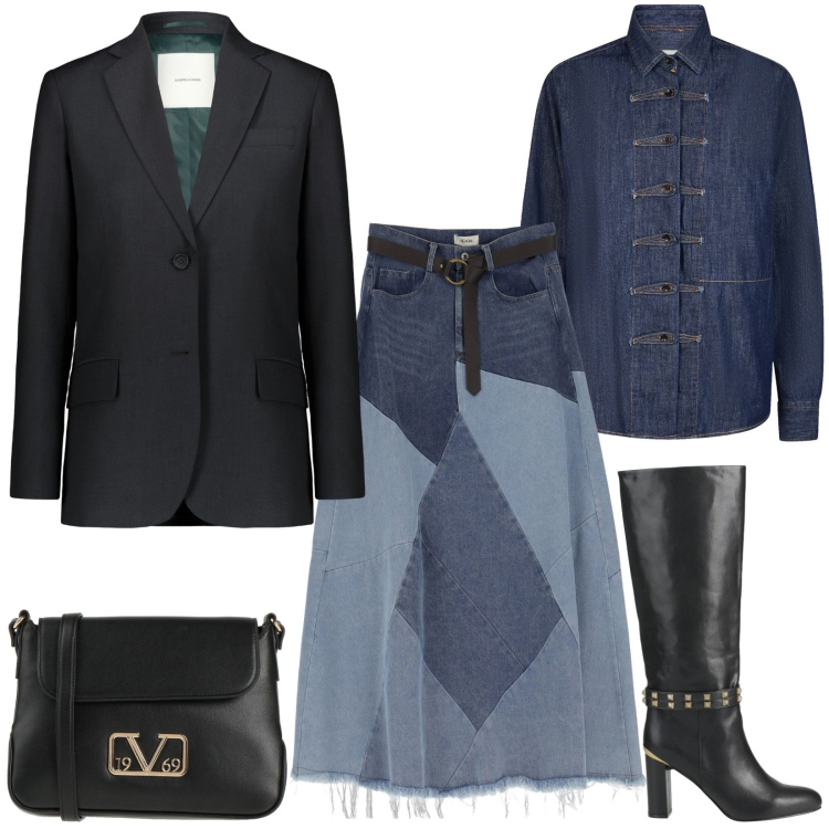 Outfit donna - Total look #2075521. Stile Casual chic per Ufficio. Abbinamento con stivali, borse a tracolla, gonne longuette, blazer, camicie.