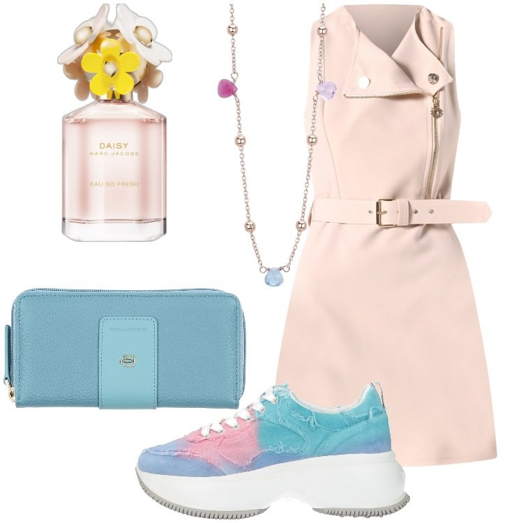 Outfit donna - Pastel Power l\'abito chiodo. Stile Trendy per Tutti i giorni. Abbinamento con sneakers, portafogli, profumi, collane, vestiti corti.