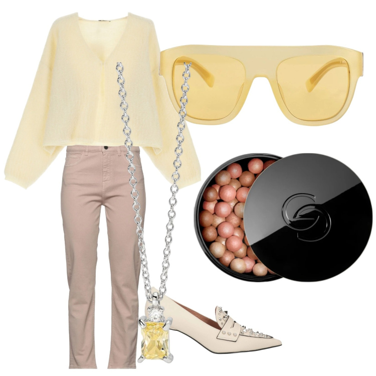 Outfit donna - Pronte per il sole?. Stile Casual chic per Tutti i giorni. Abbinamento con jeans dritti, mocassini, occhiali da sole, blush, collane, cardigans.
