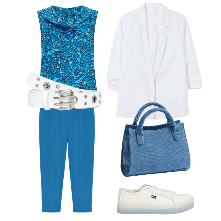 Outfit donna - La giacca bianca. Stile Casual per Tutti i giorni. Abbinamento con sneakers, cinture, blazer, borse a tracolla, top, pantaloni.