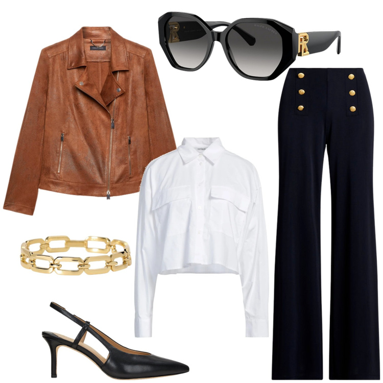 Outfit donna - Total look #2075542. Stile Casual chic per Tutti i giorni. Abbinamento con camicie, braccialetti, occhiali da sole, pantaloni, décolleté, blazer.