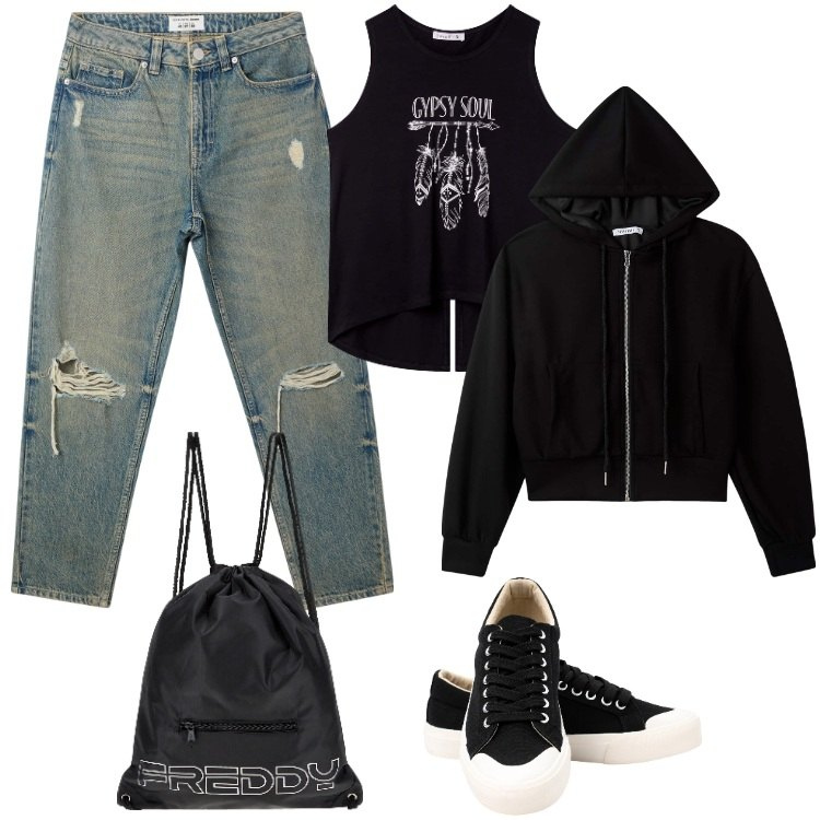 Outfit donna - Una Donna Trendy. Stile Trendy per Tutti i giorni. Abbinamento con jeans mom, canottiere, felpe con cappuccio, zaini, sneakers.
