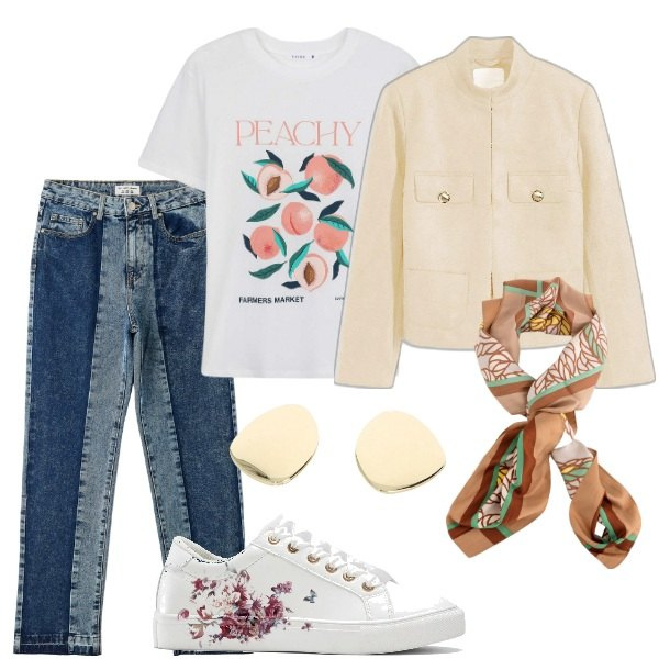 Outfit donna - Aspettando la primavera. Stile Trendy per Tutti i giorni. Abbinamento con sneakers, blazer, t-shirt, jeans dritti, orecchini, foulard.