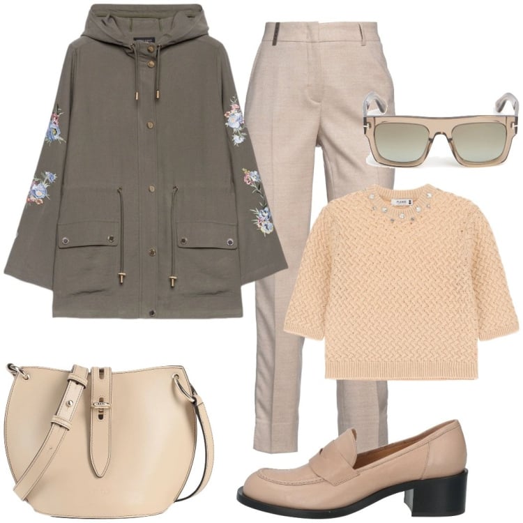 Outfit donna - Primavera in ufficio. Stile Casual chic per Ufficio. Abbinamento con borse a tracolla, mocassini, pantaloni, maglieria, parka, occhiali da sole.