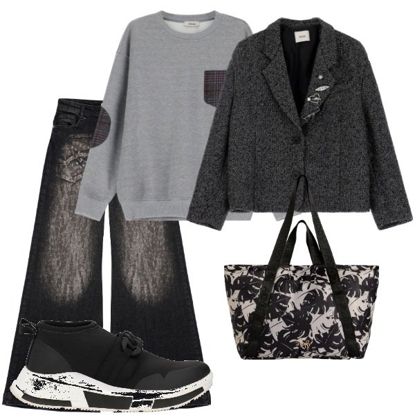 Outfit donna - Aspettando la primavera. Stile Trendy per Tutti i giorni. Abbinamento con sneakers, jeans a zampa, shopping bag, blazer, felpe.