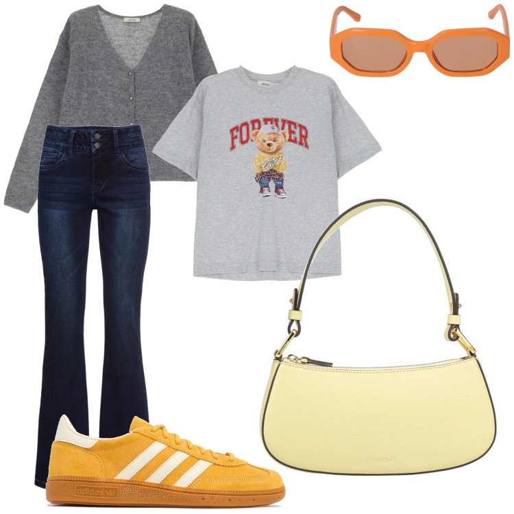 Outfit donna - Urban decay. Stile Trendy per Tutti i giorni. look ideale per Tall. Abbinamento con jeans bootcut, borse a mano, cardigans, t-shirt, sneakers, occhiali da sole.