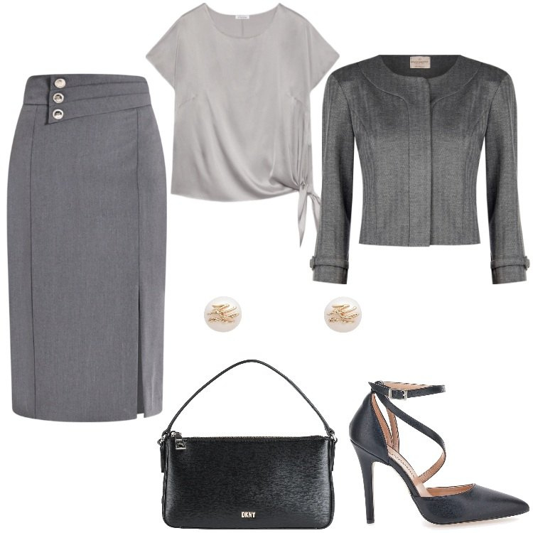 Outfit donna - Gonna Midi Bon Ton. Stile Bon Ton per Ufficio. Abbinamento con orecchini, borse a mano, blazer, gonne longuette, décolleté, bluse.