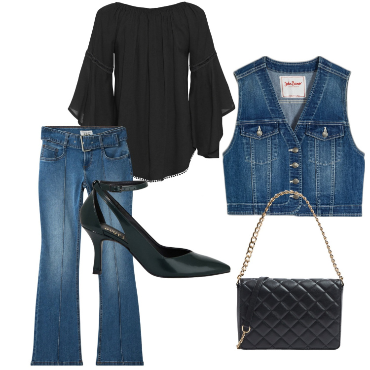 Outfit donna - Il gilet di jeans. Stile Casual per Serata fuori. Abbinamento con gilet, bluse, jeans a zampa, borse a tracolla, décolleté.