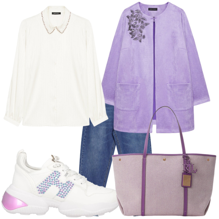 Outfit donna - Primavera. Stile Casual chic per Tutti i giorni. Abbinamento con sneakers, jeans, borse tote, trench, camicie.