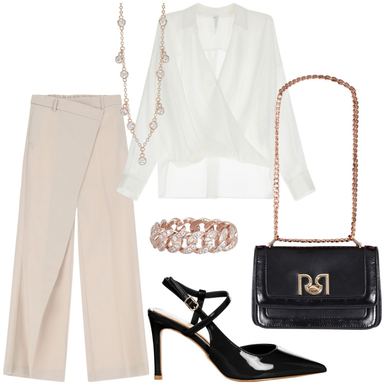 Outfit donna - Donne di ispirazione. Stile Chic per Serata fuori. Abbinamento con anelli, collane, décolleté, borse a tracolla, pantaloni, bluse.