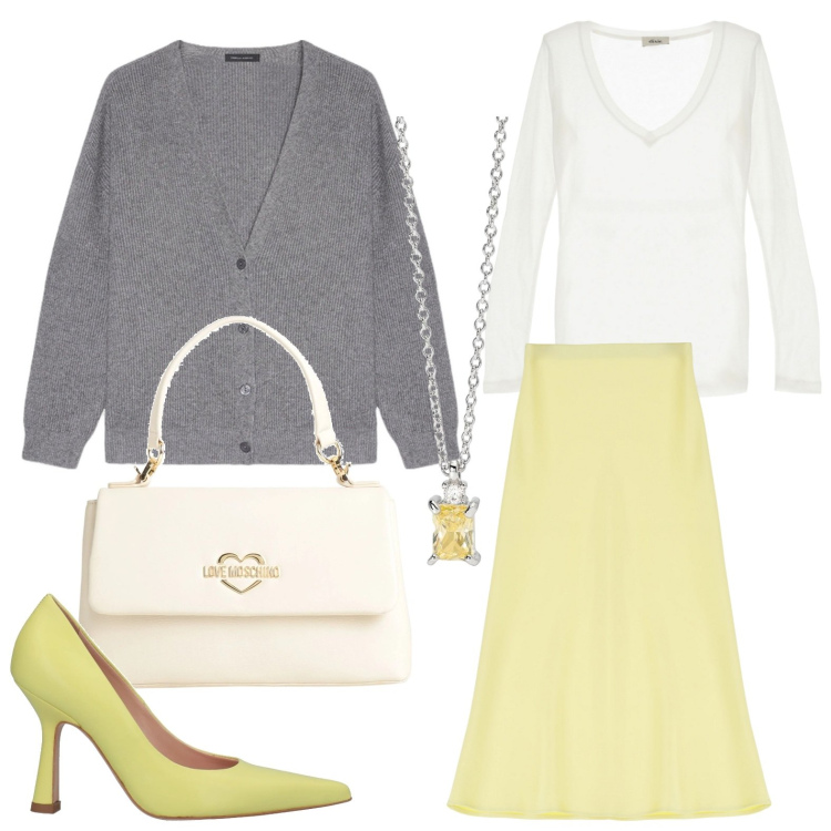 Outfit donna - Colori primaverili. Stile Bon Ton per Serata fuori. Abbinamento con décolleté, borse a mano, collane, gonne longuette, t-shirt, cardigans.