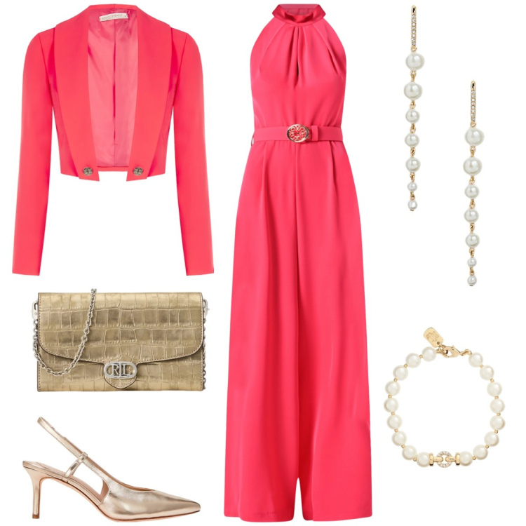 Outfit donna - Total look #2075606. Stile Glamour per Cerimonia. Abbinamento con tute, bolero, orecchini, braccialetti, borse a tracolla, décolleté.