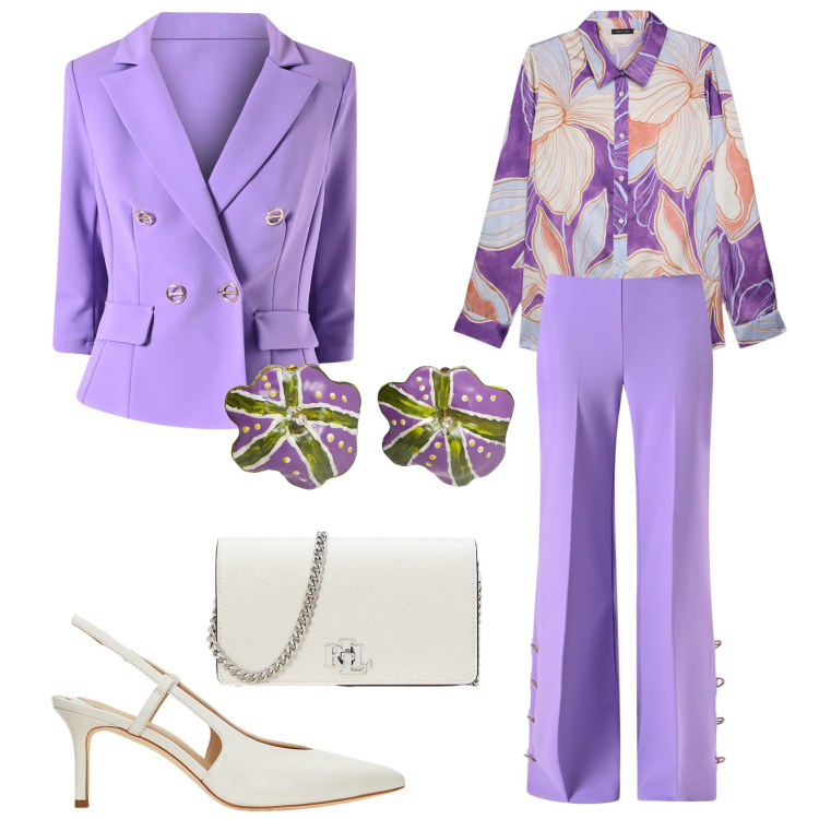 Outfit donna - lilla. Stile Romantica per Cerimonia. Abbinamento con orecchini, blazer, pantaloni a palazzo, décolleté, borse a tracolla, camicie.