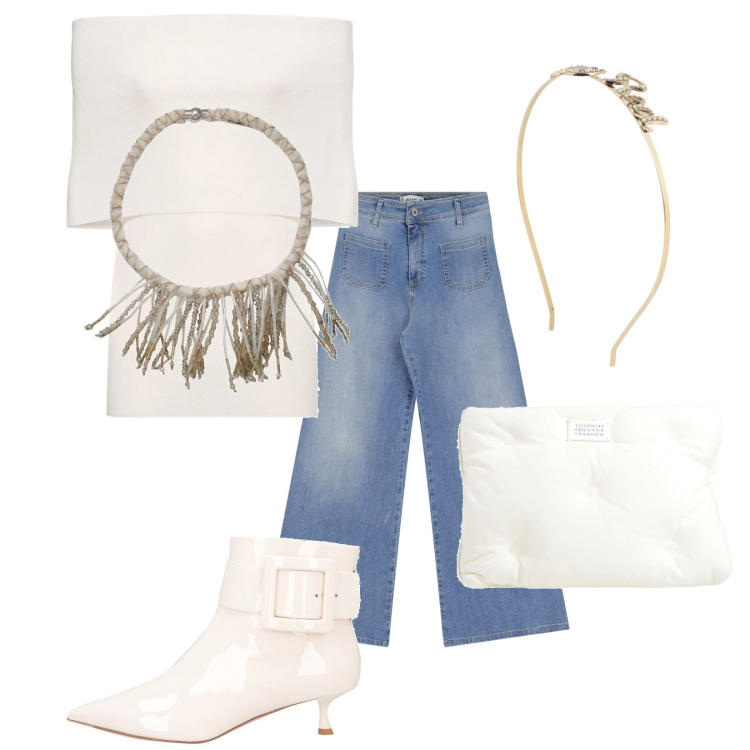 Outfit donna - White. Stile Glamour per Serata fuori. Abbinamento con collane, stivaletti, cerchietti, borse a mano, jeans, top.