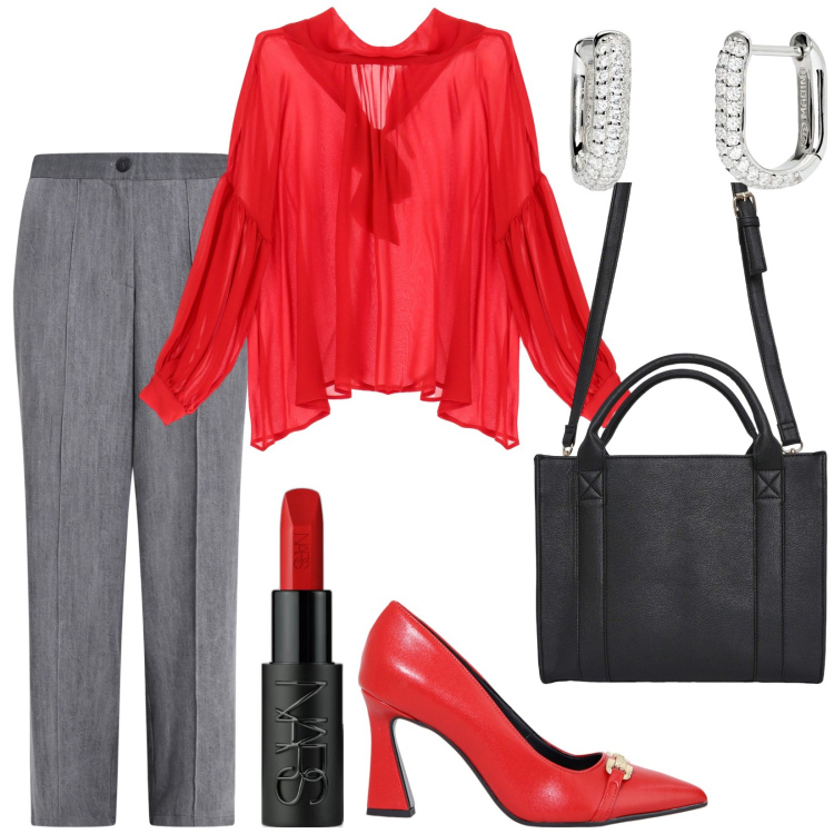 Outfit donna - Donne che ispirano. Stile Chic per Ufficio. Abbinamento con rossetti, borse tote, orecchini, pantaloni, camicie, décolleté.