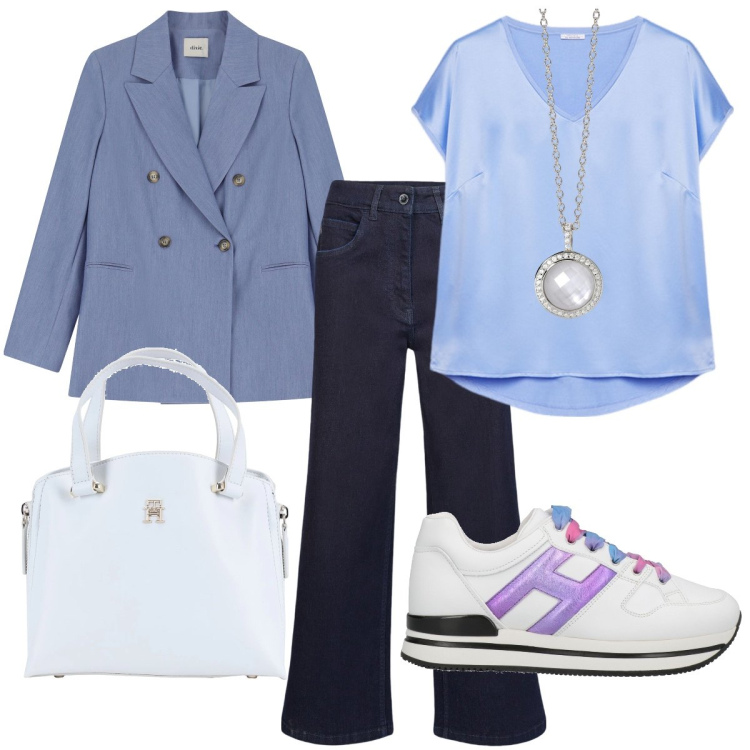 Outfit donna - Total look #2075614. Stile Casual chic per Tutti i giorni. Abbinamento con sneakers, borse a mano, collane, blazer, t-shirt, pantaloni.