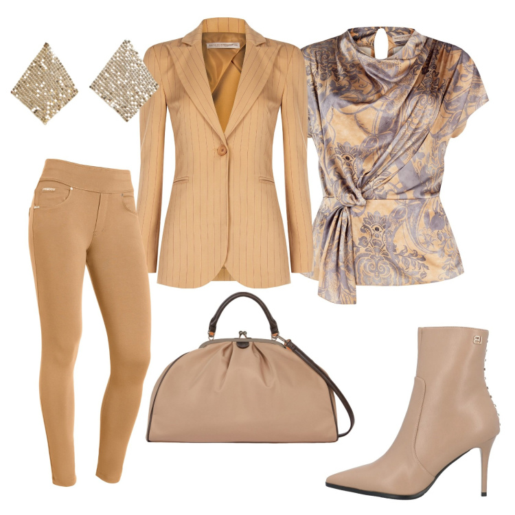 Outfit donna - Total look #2075619. Stile Chic per Ufficio. Abbinamento con stivaletti, orecchini, bluse, blazer, pantaloni skinny, borse a spalla.