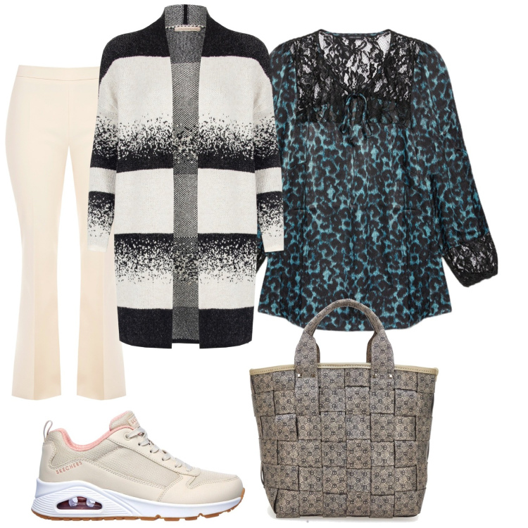 Outfit donna - Total look #2075624. Stile Casual chic per Tutti i giorni. Abbinamento con cardigans, pantaloni a palazzo, sneakers, bluse, borse a mano.