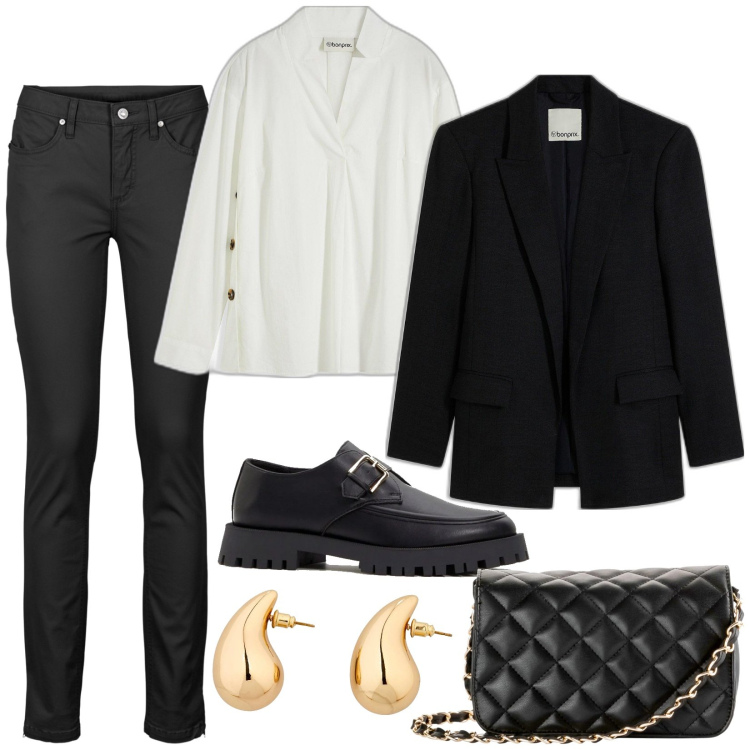 Outfit donna - Blazer da avere. Stile Mannish per Ufficio. Abbinamento con jeans skinny, borse a tracolla, mocassini, orecchini, tuniche, blazer.