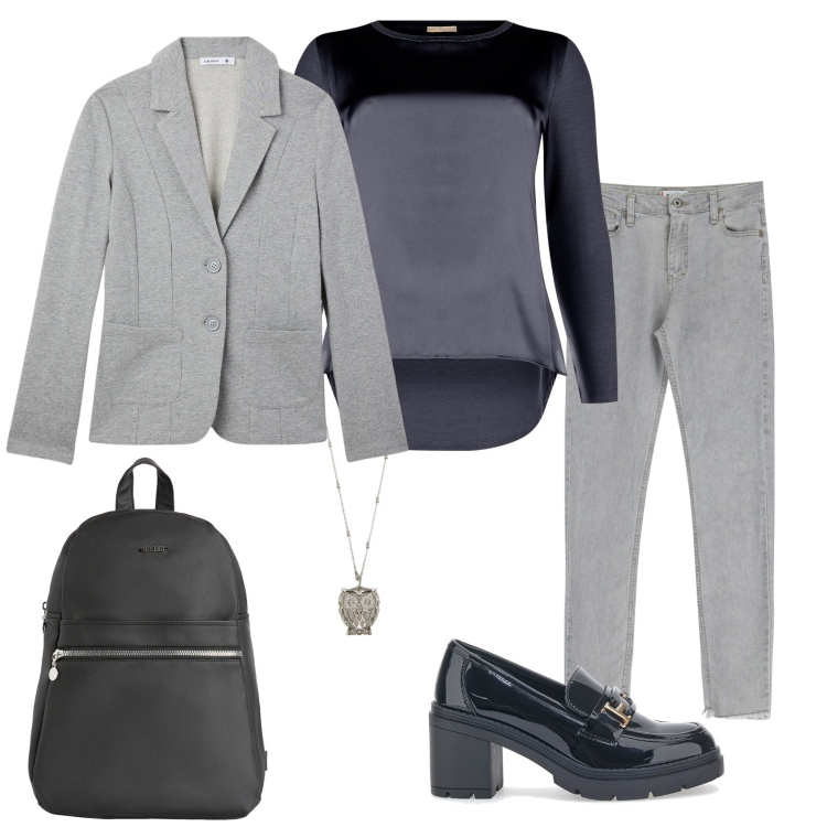 Outfit donna - Total look #2075632. Stile Casual chic per Ufficio. Abbinamento con blazer, bluse, jeans skinny, zaini, mocassini, ciondoli.