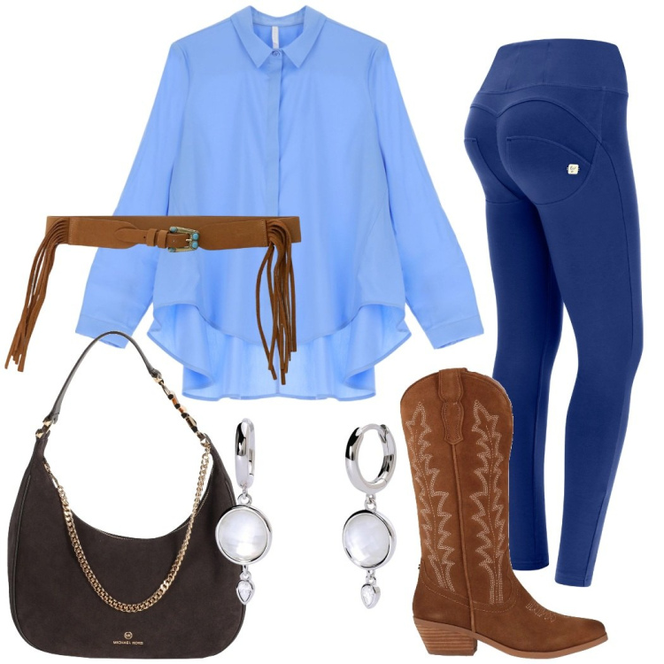 Outfit donna - Country style. Stile Boho per Tutti i giorni. Abbinamento con stivali, borse a spalla, orecchini, camicie, pantaloni skinny, cinture.