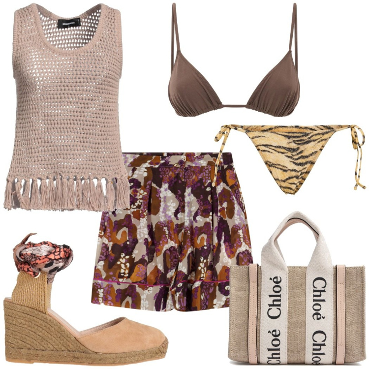 Outfit donna - Al mare. Stile Casual chic per Mare. Abbinamento con top, espadrillas, bermuda, bikini, borse a mano, bikini.